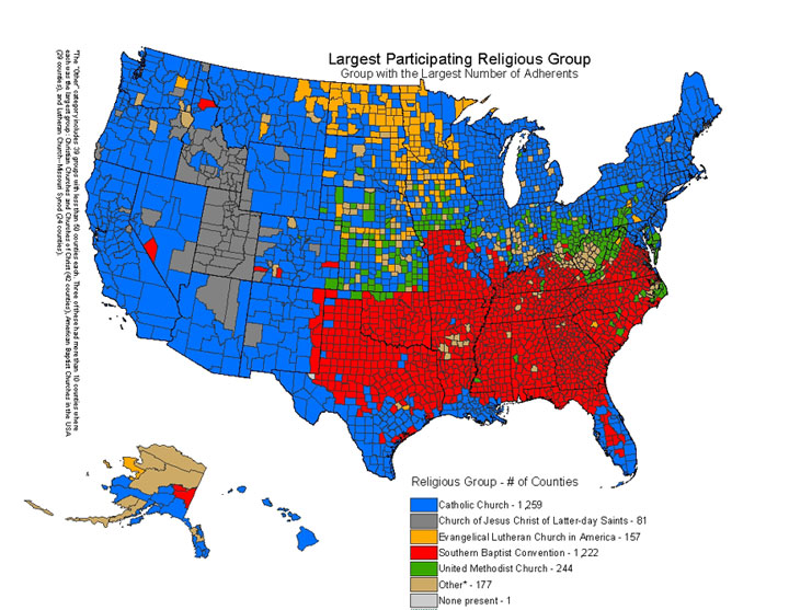 Map Of Largest Religious Group Within Each County Of The US